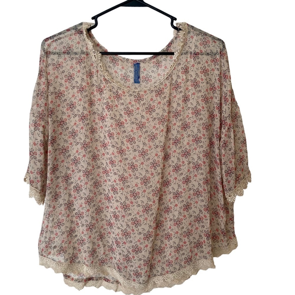 Free People Tan Floral Semi Sheer Crochet Trim Bohemian Blouse Women's Small